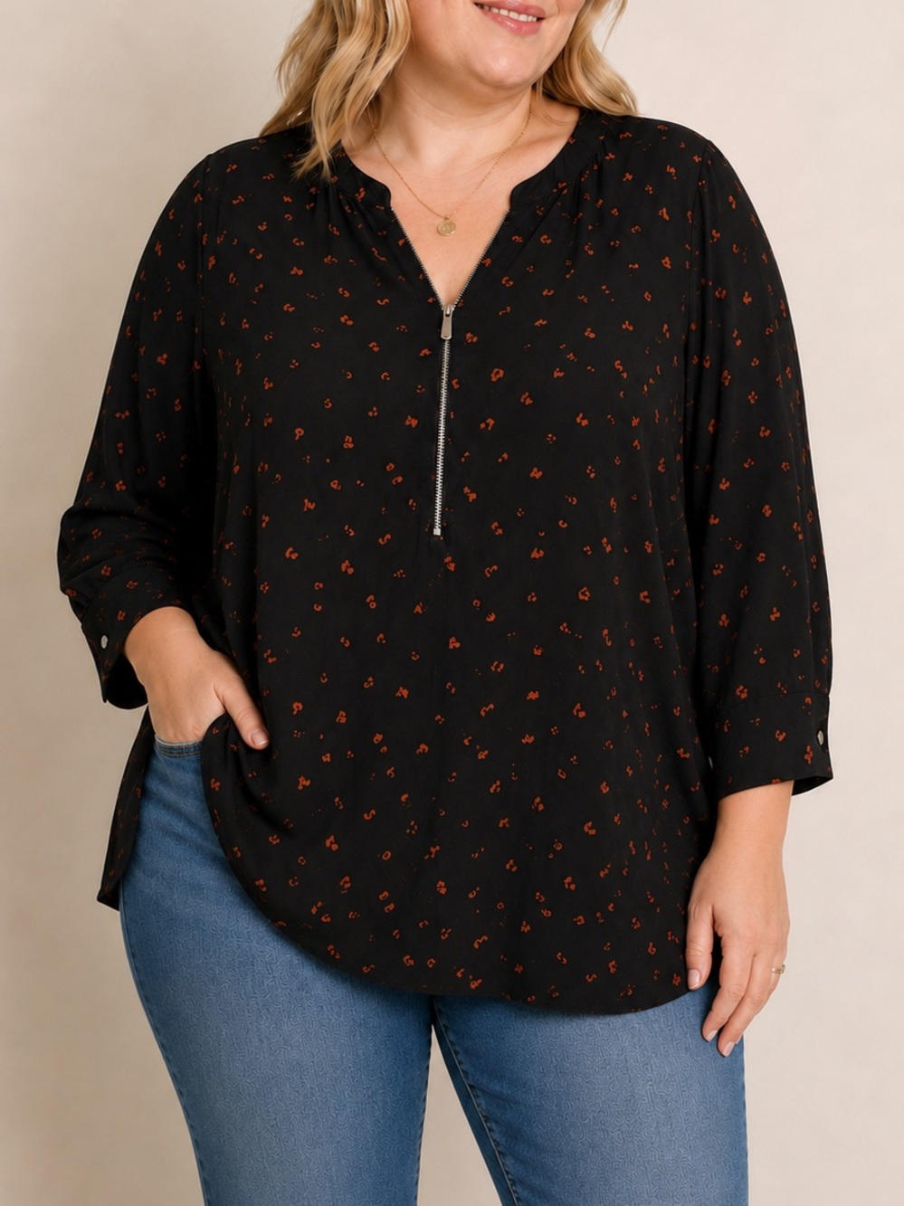 Penningtons 3X Black Rust Print Zip Neck Blouse Plus Size Long Sleeve